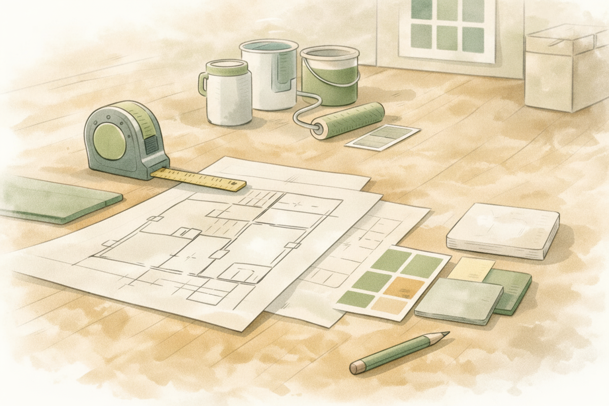 Renovation planning with blueprints, paint cans, and color swatches